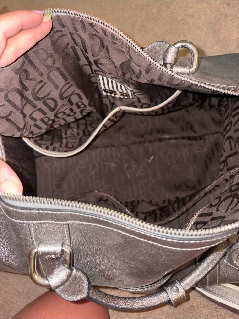 Henri bendel leather Metallic Silver Weekender Bag with Striped Shoulder Strap